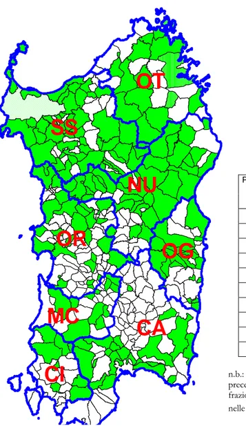Tabella dei paesi documentati suddivisi per provincia. Nella cartina compaiono  in verde i comuni documentati 
