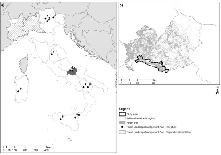 Figure 13: FLMP pilot studies and regional implementation distributions in Italy (a), and a zoom-on both Molise region  and case study area (b)