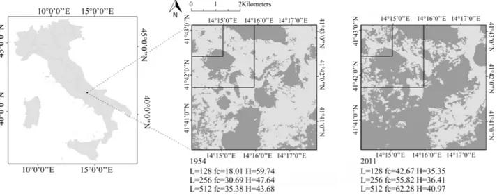 Figure 1. Location of the study area, with forest cover maps for the years 1954 and 2011 