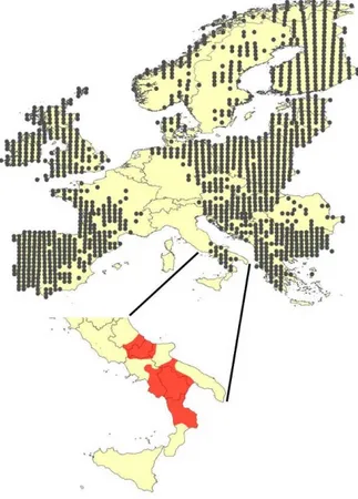 Fig. 3  – Distribution of the otter in Europe and in Italy. The grey dots indicate the presence  of the species and they are referred to 50x50km grid cell (source: EIONET)