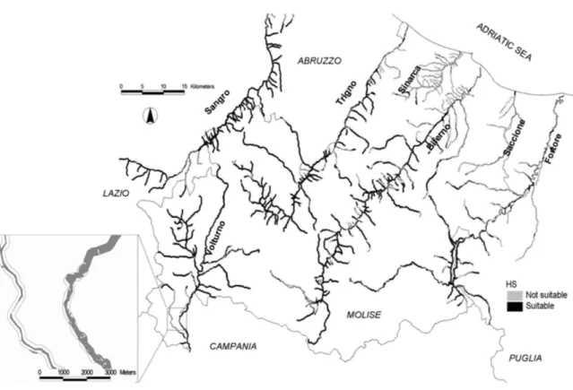 Fig . 6. Map showing the distribution of suitable (HS ≥1) and unsuitable (HS &lt; 1) habitat  patches for the seven river catchments of the study area