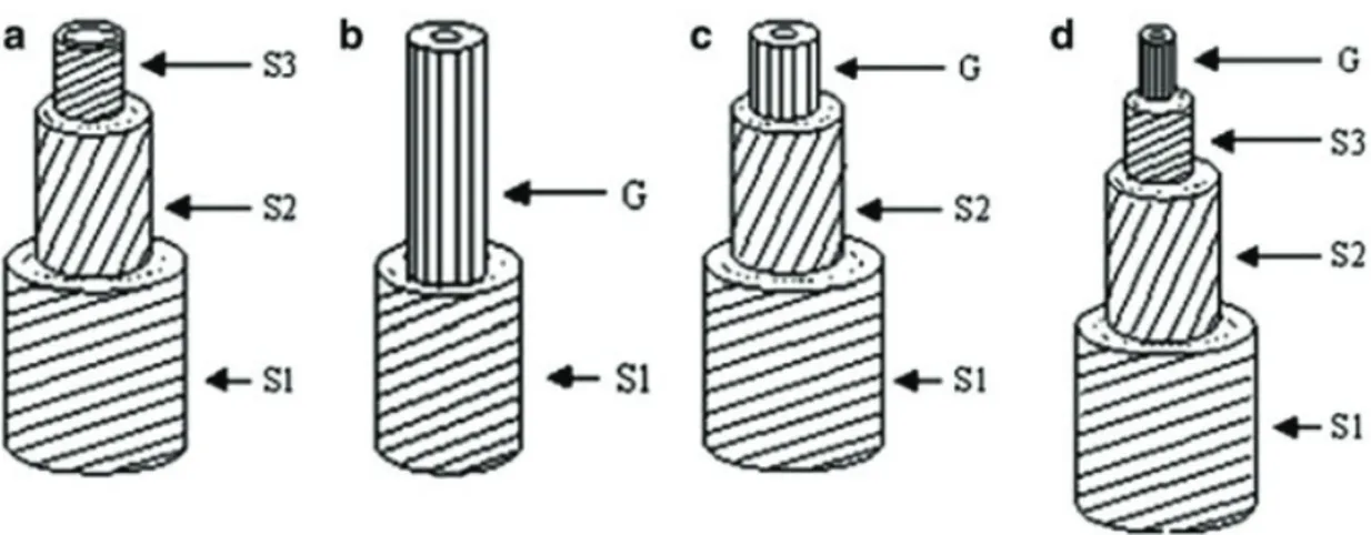 Fig. 7. Fibres in normal wood (a) and tension wood (b–d). Lines indicate cellulose microfibril 