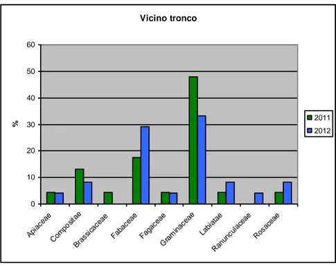Figura  7  -  Famiglie  botaniche  maggiormente  rappresentative  (%)  della  zona  di  vicino  al  tronco  (zona  di  ricolonizzazione)  in  una  tartufaia a T