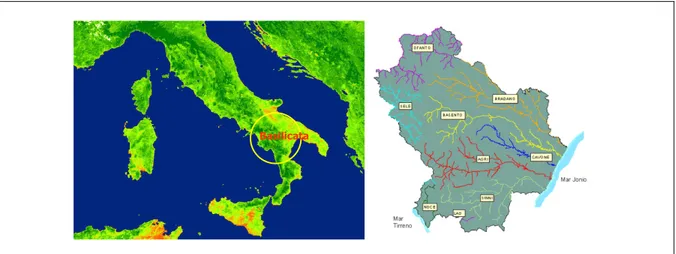 Figure 2 . Area of interest; the studied rivers flow into the Ionian Sea and are: Bradano, Basento, Cavone, Agri and 