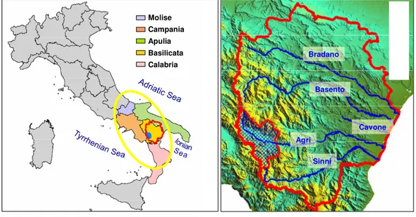 Figure  1  –  Study  area. On  the left, the  Italian Otter  range  with  the  indication of  the investigated  areas for HS implementation (red contour) and the test area for the HS-FF integration (blue hatched  area); on the right, a zoom on the five inv