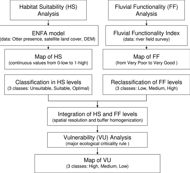 Figure  2   -  Flow-chart  of  the  proposed  approach.  Data  coming  from  the  HS  and  FF  analyses,  reclassified  into  the  same  ranges,  are  integrated  to  obtain  synthetic  information  (VU)  contemporaneously linked to the watershed and the e