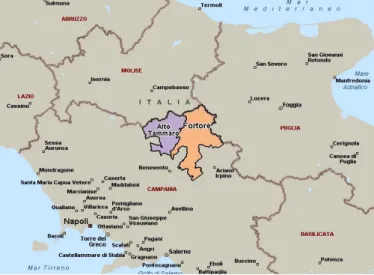 Fig. 1. La localizzazione delle Comunità Montane Fortore e Alto Tammaro in provincia di Benevento 