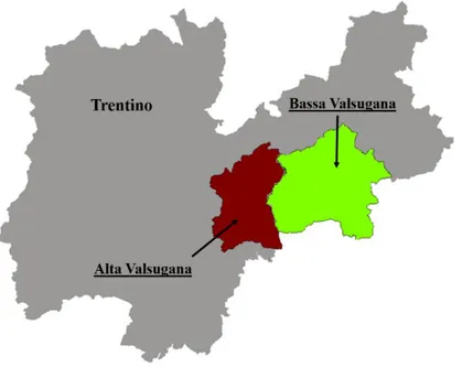 Figure 1.3. Map of Trentino, representing the two districts of Valsugana. 