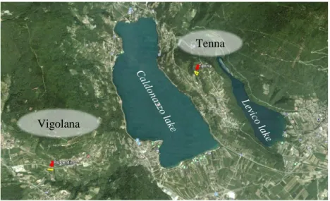 Figure 2.1. Map representing the two abandoned orchards where the insects used in the  trials were collected (red pins)