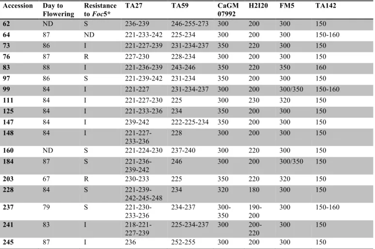 Table 2 - Association between date of flowering, resistance to Foc5 and molecular marker alleles founded  in the examined chickpea landraces 