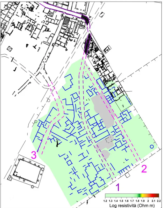 Figura 4.18 – Mappa interpretativa dell’Area 1. I numeri indicano le possibili arterie stradali:  n.1 via Traiana, nn