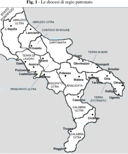 Fig. 1 - Le diocesi di regio patronato  
