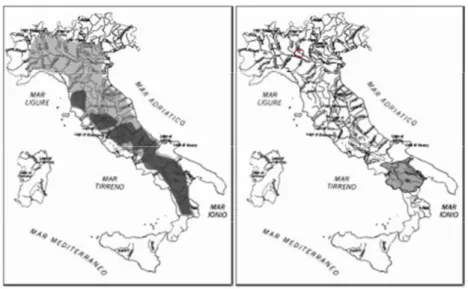 Figura  6  -  Modificazioni  dell’areale  della  lontra  in  Italia.  A  sinistra,  in  grigio  chiaro,  la  situazione  nel  1975  (Cagnolaro et al., 1975); in grigio scuro la distribuzione negli anni ’80 (Macdonald &amp; Mason, 1982; Cassola et al.,  198