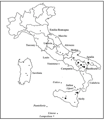 Figure  3.  Sites  of  Italian  lentil  populations.  ▲  indicates  populations  heterogeneous  in  seed  size;  ￭