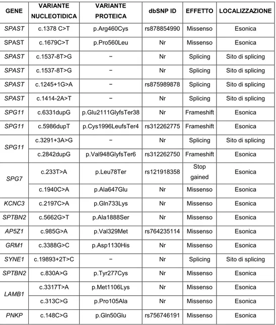 Tabella 5: In tabella sono riportati il gene, la variante nucleotidica in funzione  della regione codificante, la variante proteica, l’eventuale ID della banca dati  dbSNP, l’effetto, e la localizzazione