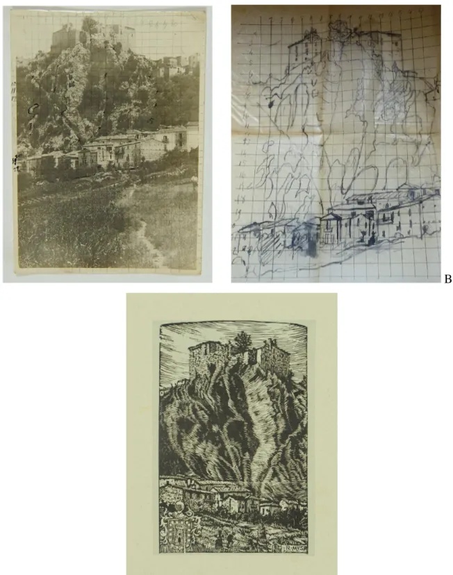 Figura 36. R. Musa, A- Fotografia con quadrettatura, B- Disegno inchiostro su foglio lucido, C- Xilografia   Veduta di Bagnoli del Trigno, 1923/1933
