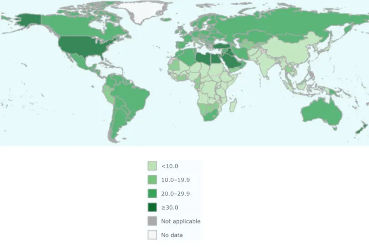 Figure	 2:	 Graphic	 represents	 global	 prevalence	 of	 obesity	 among	 male	 and	 female	 adults	