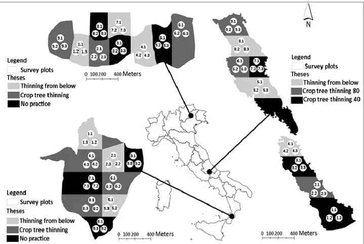 Fig. 1. Location of the three study sites and the survey protocol applied in Cansiglio (a), Chiarano-