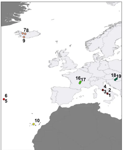 Figure 2.1. Geographic distribution of European volcanic soils. 1-4: Italy; 5,6: Portugal (Azores);  7,8,9: Iceland; 10: Spain (Tenerife); 15,16: France; 18,19: Hungary