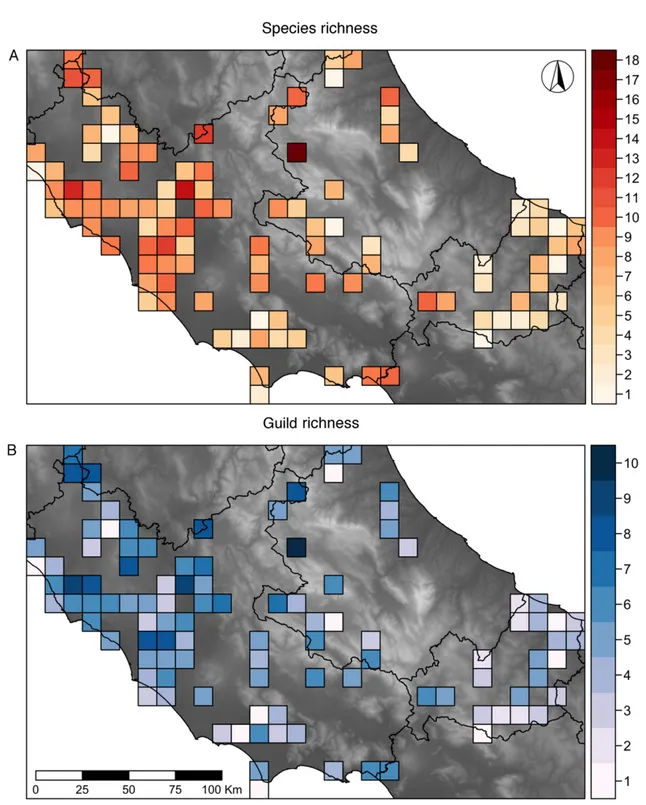 Figure 5. Distribution of small mammal diversity within each 10 km x 10 km cell. A) 