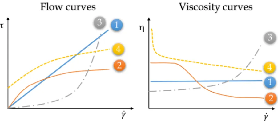 Figure 3.9: Flow and viscosity curves of common fluid flow behavior: 1) Newtonian liquid, 2)