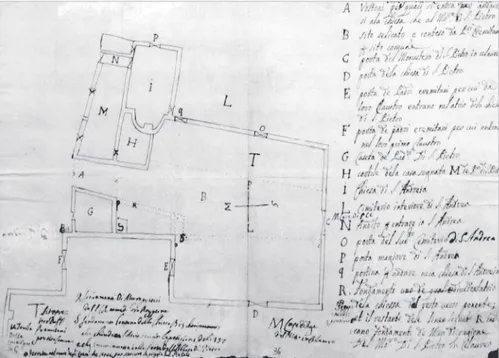 Fig. 28. Tiberio Romussi (?). Pla- Pla-nimetria degli edifici adiacenti il  sagrato della basilica di San Pietro  in Ciel d’Oro