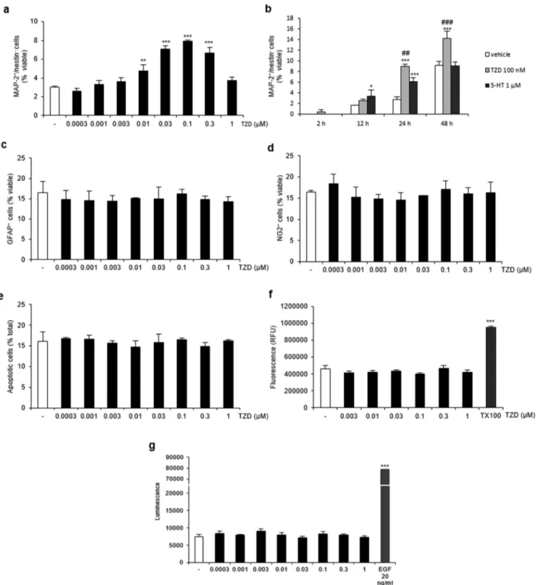 Figure 2. E ﬀects of TZD on murine ahNPC diﬀerentiation, survival, and proliferation. Adult hippocampal NPCs were treated with TZD at the indicated concentrations or vehicle for 24 h