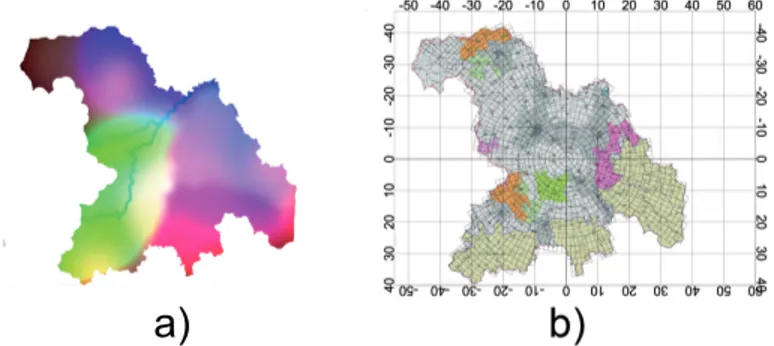 Fig. 1. Color coded maps of the model parameters: a) the source data; b) the discretized version .