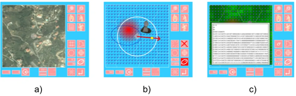 Fig. 3. Tool screen-shot: a) importing the terrain data; b) defining the wind intensity; c) exporting the output values .
