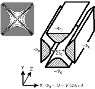 Figure 3. Quadrupole geometry with hyperbolic rods and applied potentials 21 . Usually, quadrupoles have rods of 10-15 mm of 