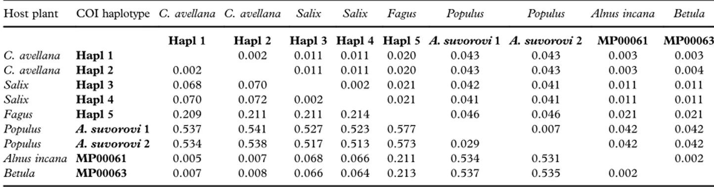 Table III. Matrix of Kimura 2 distances between COI haplotypes. Standard deviation values are reported above the diagonal.