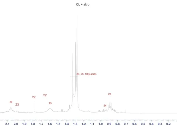 Fig. 8E :   Expansion in the range 2.2-0.0 ppm of the  1 H-NMR spectrum shown in Fig. 8A (Y- (Y-magnification 4x) with resonance assignment (see Tab