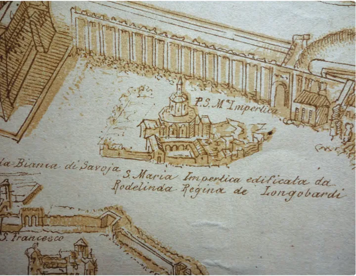 Fig. 1. G. B. Claricio, Veduta della città di Pavia, 1599 (copia del sec. XIX).  Particolare  con  la  chiesa  di Santa  Maria  alle  Pertiche
