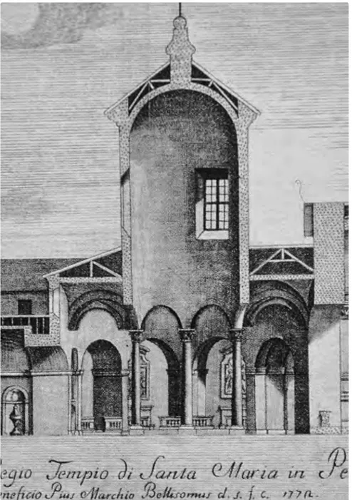 Fig. 3. G. Veneroni (dis.) – G. Ramis (inc.), Spaccato dell’antico e Regio Tempio di Santa Maria in Pertica di Pavia, acquaforte, 1772,  partico-lare con la chiesa