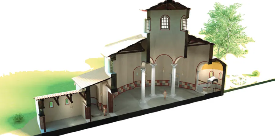 Fig. 7. Ricostruzione tridimensio- tridimensio-nale del complesso di S. Maria alle Pertiche nell’altomedioevo (a cura di S