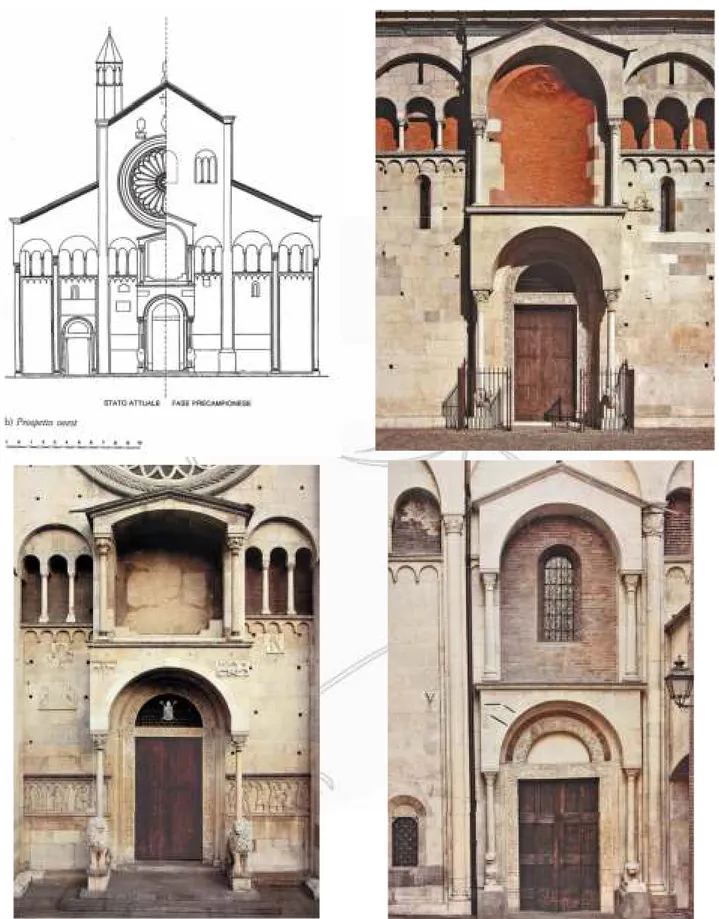Fig. 2. Modène, cathédrale. Façade : après et avant les réaménagements du XIII e  siècle (dessin de G