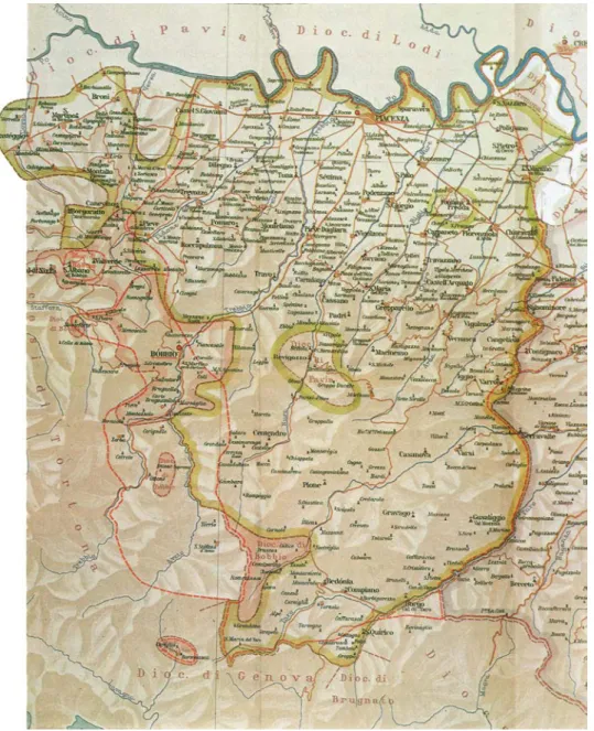 Fig. 2. I territori diocesani di Piacenza e Bobbio secondo le Rationes decimarum, Aemilia (1933).