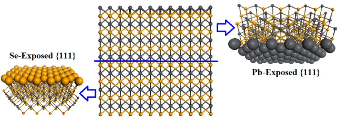 Figure 3.3: Sections of Se-terminated (left) and Pb-terminated (right) {111} planes of PbSe, as cleaved from the bulk (centre)