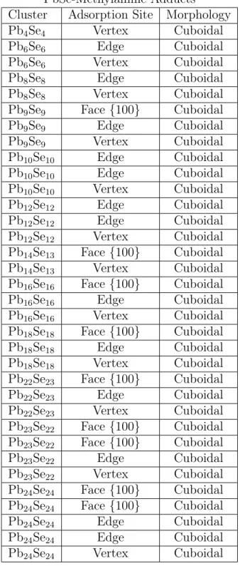 Table 3.2: PbSe-Methylamine adducts: cluster stoichiometry, adsorption site and cluster morphology.