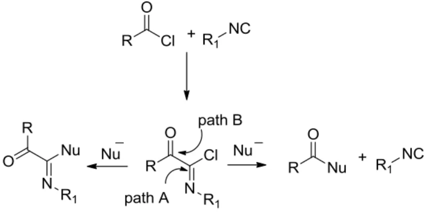 Figure 1. Synthetic paths for the nucleophilic attack to α-ketoimidoyl chlorides.