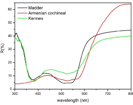 Figure  3.18:  reflectance  spectra  recorded  on  parchment  reference  samples,  painted:  madder  (black  spectrum);  Armenian cochineal (red spectrum); kermes (green spectrum)
