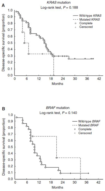 Figure 12 A) Kaplan-Meier DSS curves for MPM patients with KRAS mutation Vs wild-type B) and BRAF mutation  Vs wild-type 