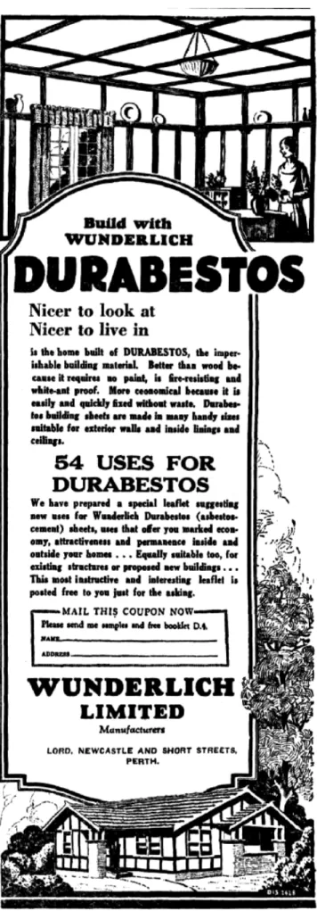 Figura  2.9:  Pubblicità  di  un  quotidiano  del  1929  da  Perth,  Australia,  relativo  al  rivestimento  di  asbesto  per  costruzione