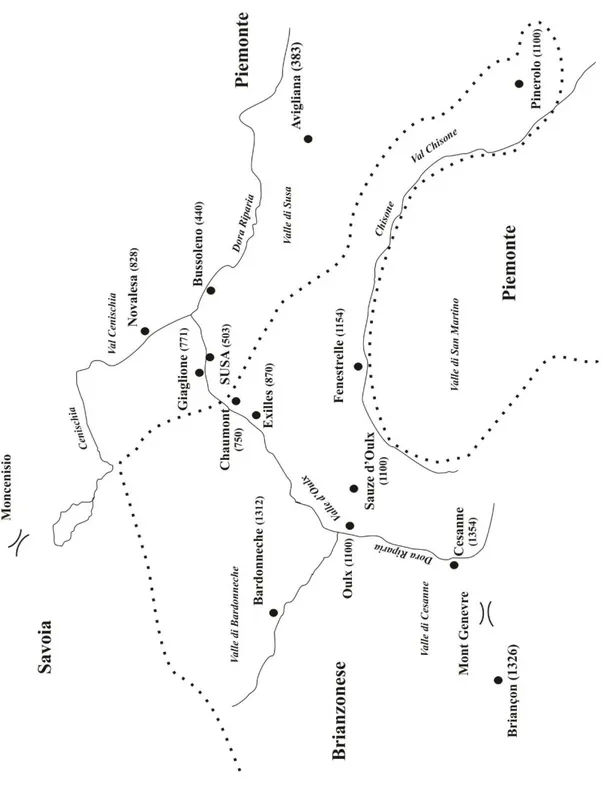 Figura 1. Dettaglio  dei  luoghi  e  delle  valli  componenti  gli  escarton  d’Oulx  e di  Pragelat,  con  quote 