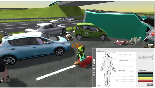 Figure 4 – A screenshot of the virtual reality scenario environment with an example of triage card visualized  during the simulation