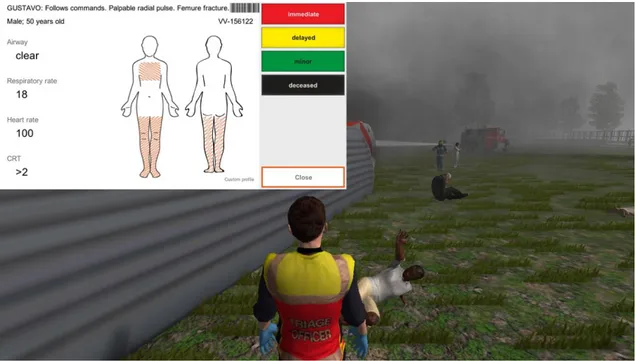 Figure 6 – A screenshot of the virtual reality scenario environment with an example of Triage Card visualized  during the simulation