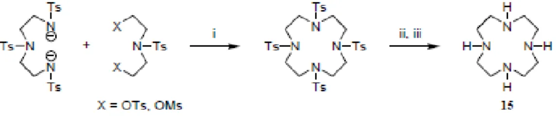 Fig. 16: Procedura di Richman-Atkins per la sintesi del Cyclen.    i) DMF, 100°C, 2h, 80%; ii) 97% H2SO4, 100 °C, 48 h; iii) 6 N HCl