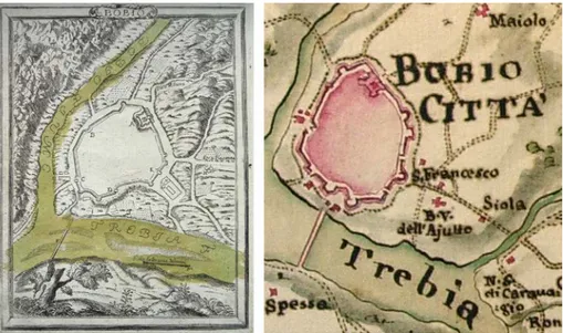 Fig. 2. Planimetrie di Bobbio, sec. XVIII. A sinistra: G.B. Sesti, Piante delle città Piazze e Castel- Castel-li fortificati di questo Stato di Milano, Milano 1718, Pianta della città di Bobio (presso Centro  Culturale Polivalente, Bobbio: autorizzazione p