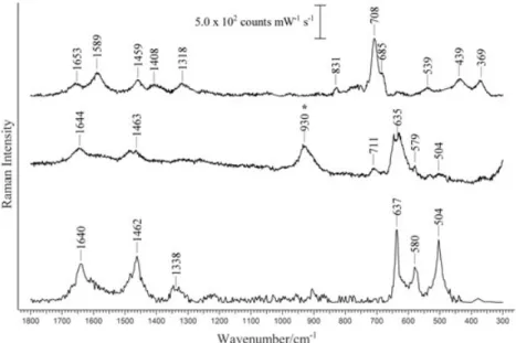 Figure 3. SERS spectra of fresh blue extract (top), of blue extract after oxidation by air (middle) and of purple extract (bottom)