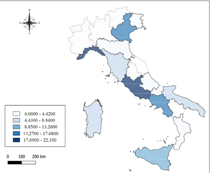 Figure 7. 2020 Forecast of passenger movements (%) by Italian regions in the absence of COVID-19